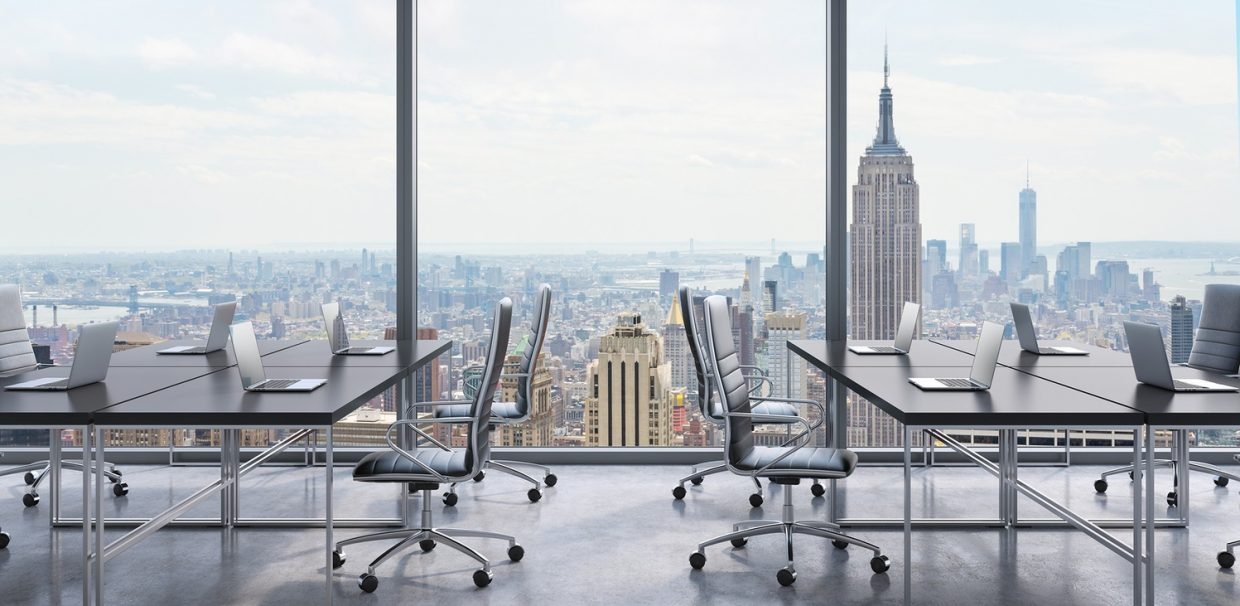Workplaces In A Modern Panoramic Office, New York City View From